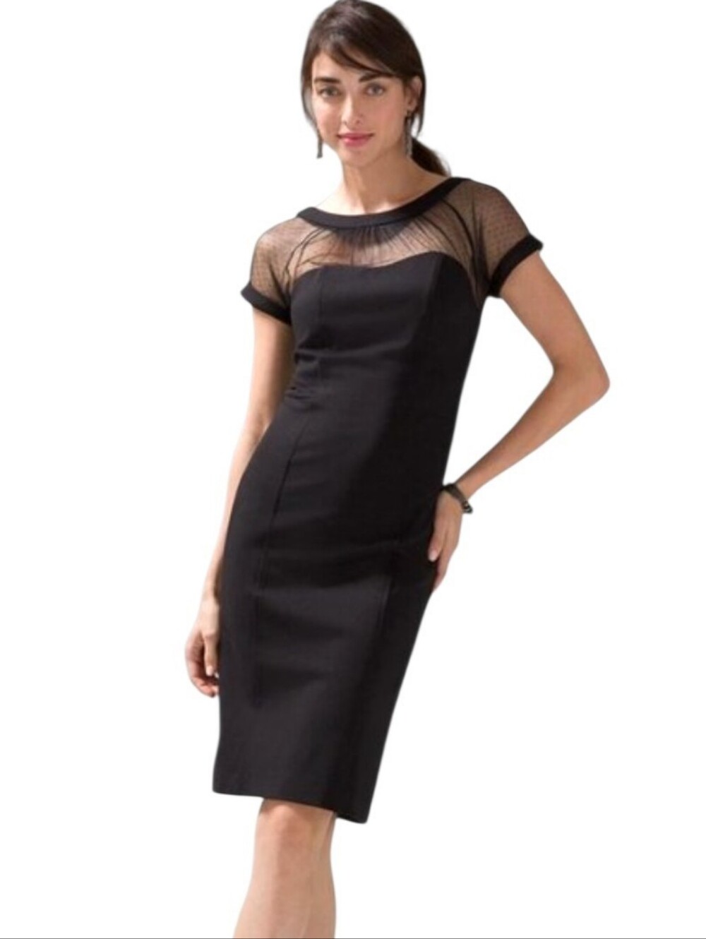 WHBM Swiss Dot Mesh Neckline Black Midi Dress